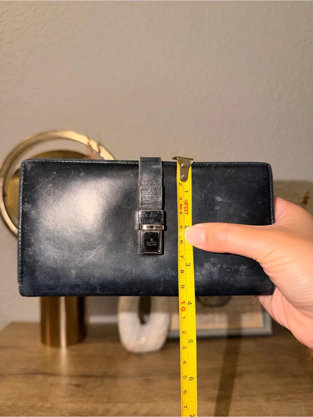Vintage Gucci black leather wallet gunmetal silver buckle